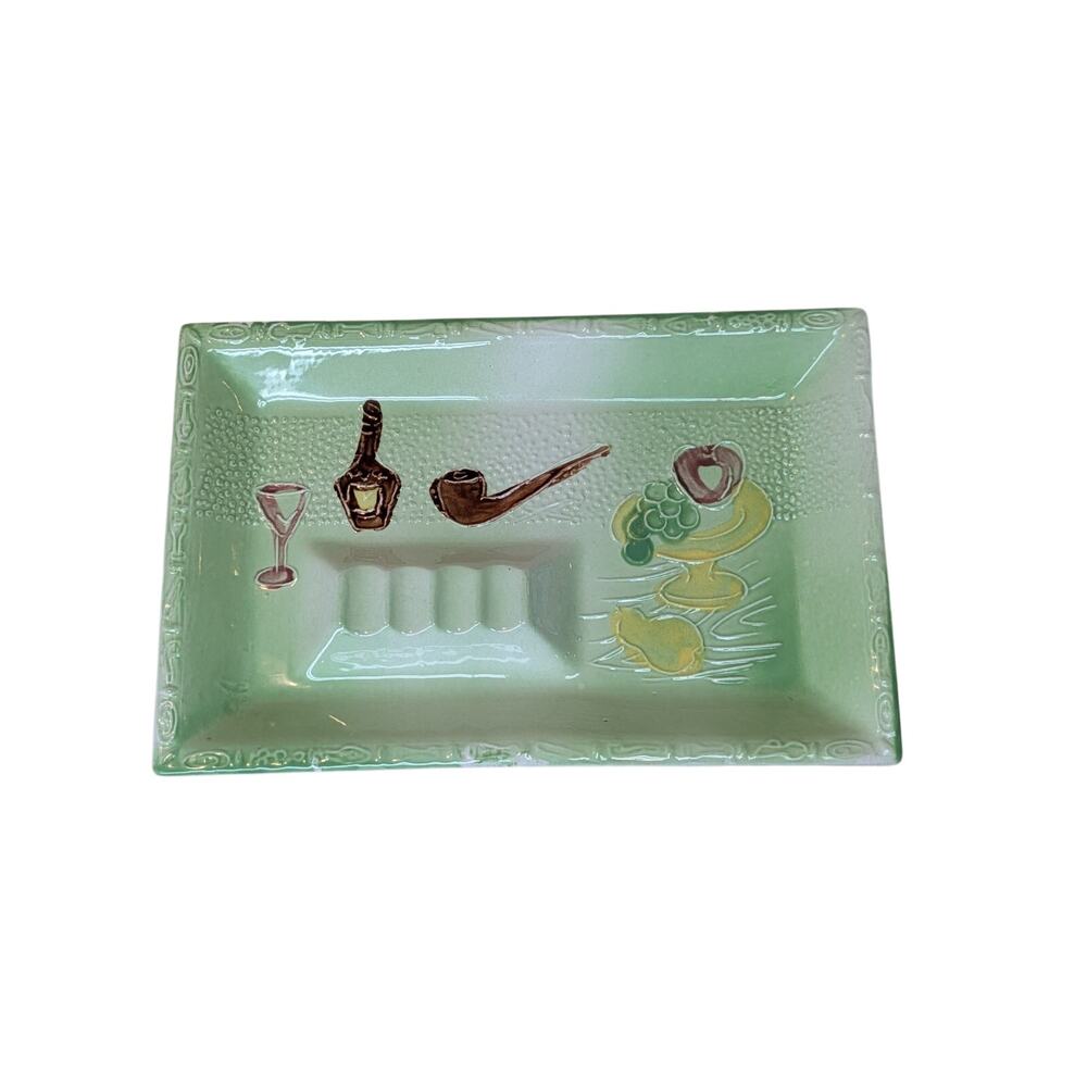 Vintage 50s 60s Green Hand Painted Ceramic Tabletop Ashtray Kitschy MCM Retro